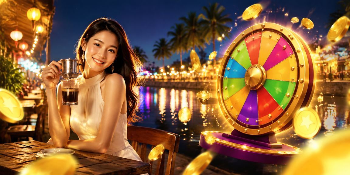 Khung cảnh Mũi Né với bàn roulette và ly cà phê trong không gian giải trí